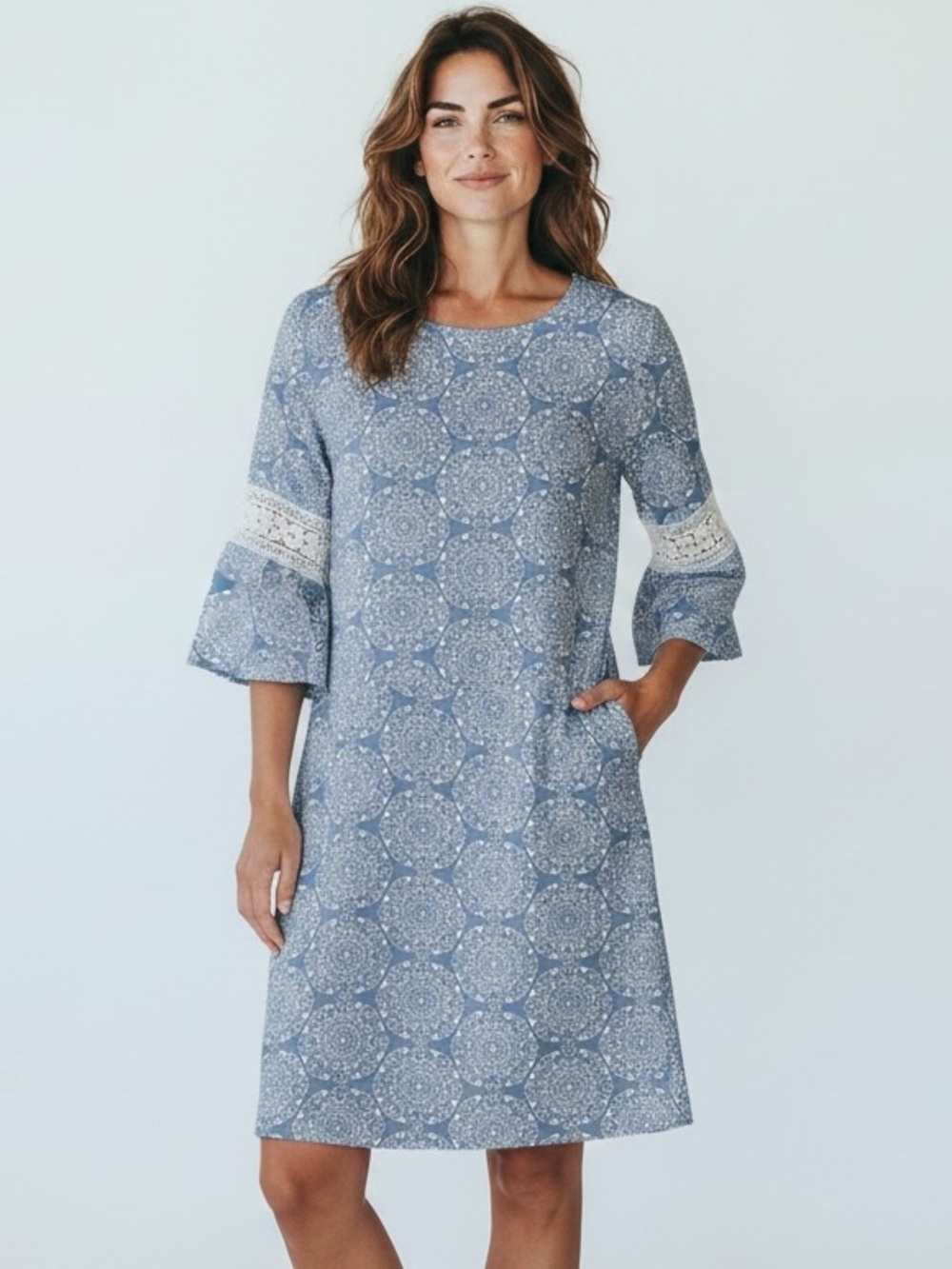 Luxology Light Blue Floral Lace-Trim Shift Dress embroidered bell sleeves 12